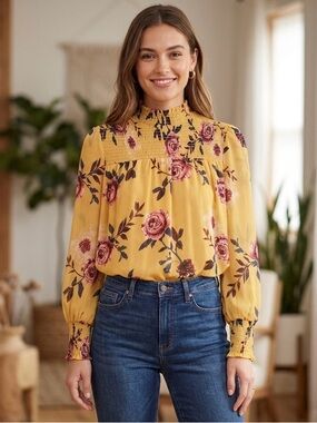 Ophelia Roe Smocked High-Neck Yellow Floral Blouse